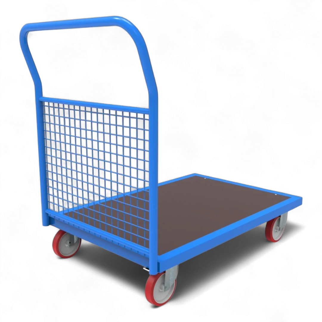 Plattformwagen mit Gitter-Stirnwand - Stabiler Stahlrahmen mit Schutzgitter. Bis 1000 kg Traglast, 4 Lenkrollen.